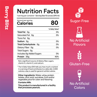 Nutrition facts label for Berry Blitz product on a red and purple gradient background