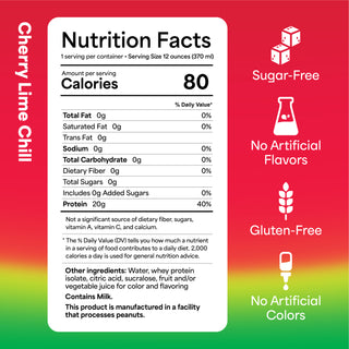 Nutrition facts label with cherry lime chilli flavor on a red and green gradient background