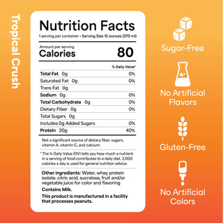 Tropical Crush Nutrition facts label for a product with icons indicating sugar-free, no artificial flavors, gluten-free, and no artificial colors on an orange background.
