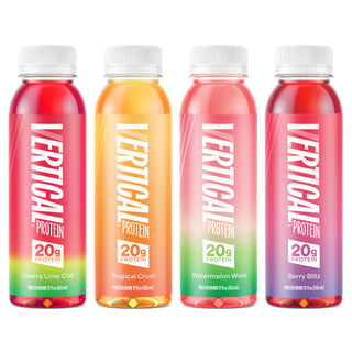 Four bottles of Vertical Protein in different flavors on a white background Image of Variety Pack Protein Water