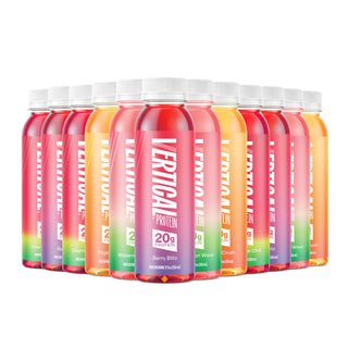12 bottles of Vertical Protein in different flavors on a white background Image of Variety Pack Protein Water