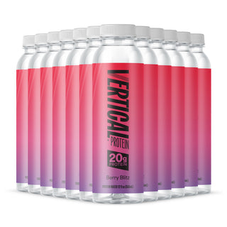 Multiple containers of Vertical Protein with a gradient label on a white background