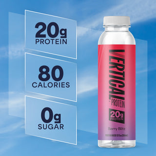 Vertical Protein bottle with nutritional information on a blue background