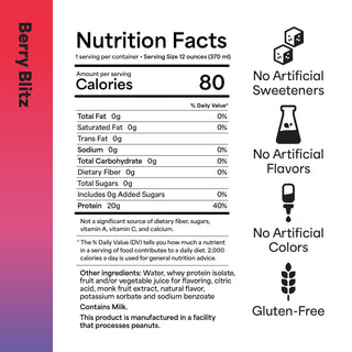 Nutrition facts label for Berry Blitz with icons indicating no artificial sweeteners, flavors, colors, or gluten.