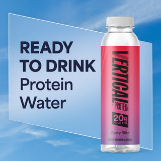 Bottle of Vertical Protein water with a blue sky background