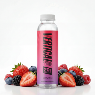 Vertical Protein bottle with berries on a white background