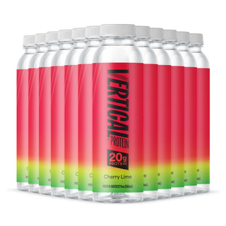 Multiple containers of Vertical Protein Cherry Lime flavor on a white background