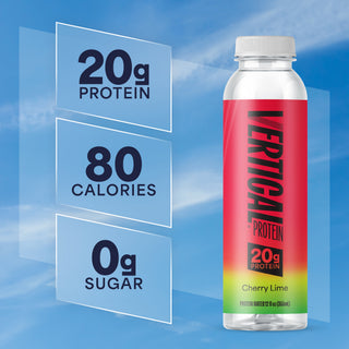 Vertical Protein bottle with nutritional information on a blue background