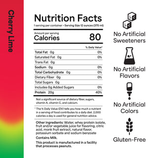 Nutrition facts label for a cherry lime product with health claims on a white background.