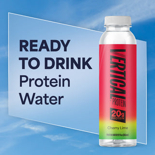 Protein water bottle with colorful label on a blue background