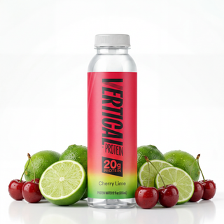 Vertical Protein Cherry Lime flavor bottle with lime and cherry fruits on a white background