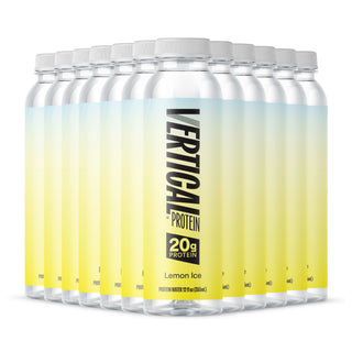 Multiple containers of Vertical Protein Lemon Ice flavor on a white background