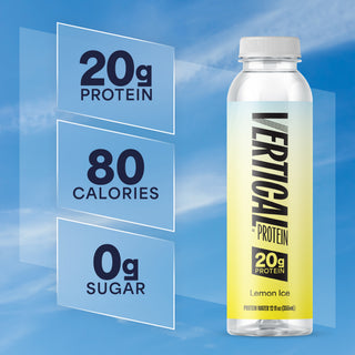 Vertical Protein bottle with nutritional information on a blue background