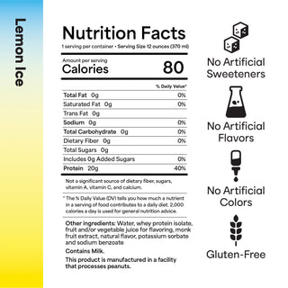 Nutrition facts label for lemon ice with allergen icons and text.