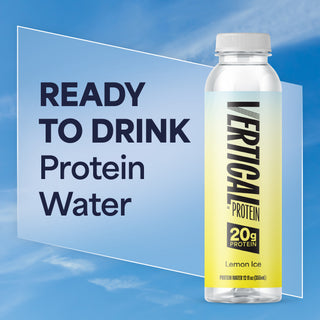 Bottle of Vertical Protein Lemon Ice flavor protein water on a blue background with text 'Ready to Drink Protein Water'.
