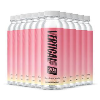 Row of Vertical Protein bottles with pink labels on a white background