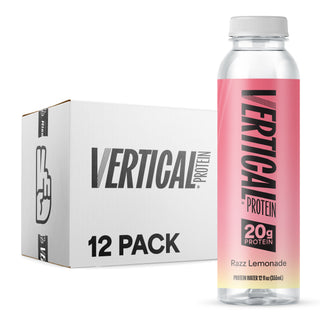 Vertical Protein bottle and 12-pack box on a white background