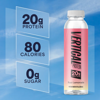 Bottle of Vertical Protein with nutritional information on a blue background