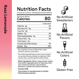Nutrition facts label for Razz Lemonade with a pink gradient background