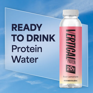 Bottle of Vertical Protein Razz Lemonade on a blue background with text 'Ready to Drink Protein Water'.
