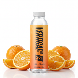 Vertical Protein Tropical Crush bottle with oranges on a white background