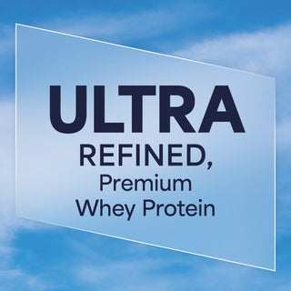 Clear glass panel with 'ULTRA REFINED, Premium Whey Protein' text against a blue sky background