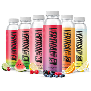 Six bottles of Vertical Protein in different flavors, pictured with various fruits, on a white background
