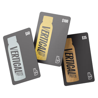 Three Vertical Protein digital gift cards depicting denominations of $25, $50, and $100