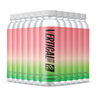 Multiple containers of Vertical Protein with a watermelon wave flavor on a white background