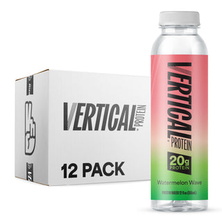 Vertical Protein watermelon wave bottle and 12-pack box on a white background