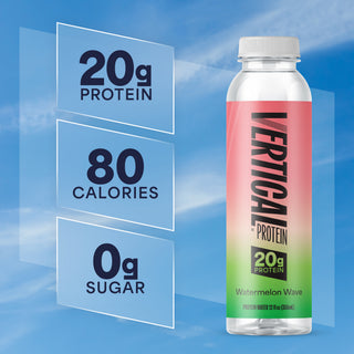 Protein bottle with nutritional information on a blue background