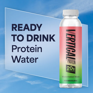Bottle of Vertical Protein Ready to Drink Protein Water on a blue background