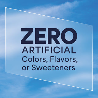 Clear glass panel with text 'ZERO Artificial Colors, Flavors, or Sweeteners' against a blue sky background
